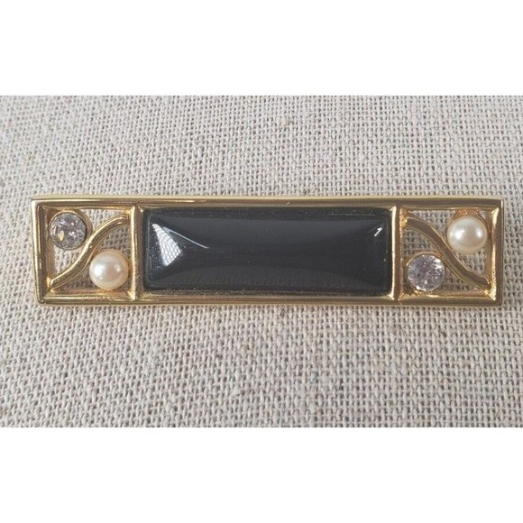 Brooch Pin - Signed Monet - Rectangle - Faux Pearls Rhinestones  Black Gold Tone - Picture 1 of 9